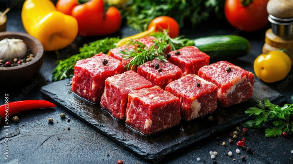 Meat and vegetables healthy food diet. Juicy steaks of fresh red meat. Barbecue set. Meat and vegetables healthy food diet. Juicy steaks of fresh red meat. Barbecue set.