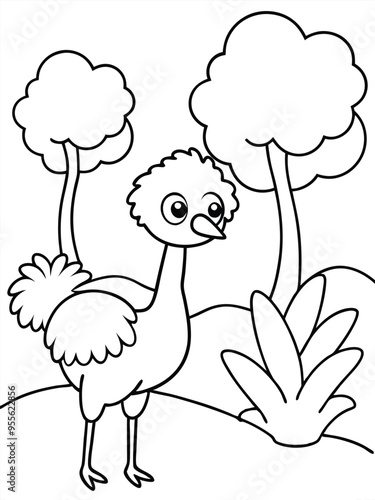 Cute Ostrich Cartoon Art Vector svg lineart coloring page photo