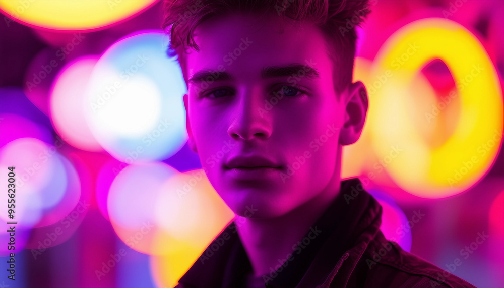 A moody, vibrant portrait of a young man with sharp features, illuminated by colorful neon lights A moody, vibrant portrait of a young man with sharp features, illuminated by colorful neon lights