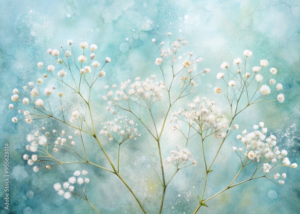 Delicate watercolor illustration of baby's breath flowers in soft, feathery whites and creams, set against a dreamy, Delicate watercolor illustration of baby's breath flowers in soft, feathery whites and creams, set against a dreamy,