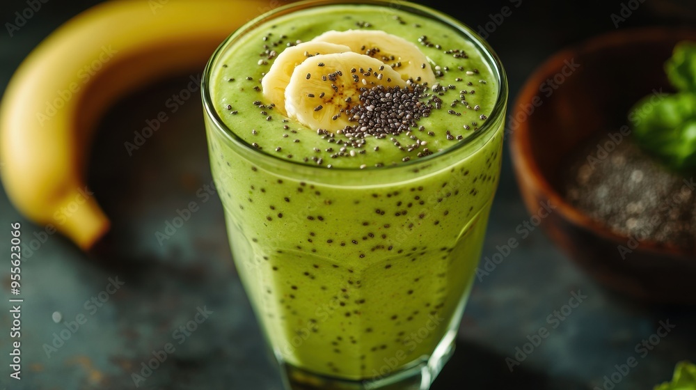 a glass of avocado and banana smoothie topped with chia seeds, showcasing a nutritious and indulgent beverage option a glass of avocado and banana smoothie topped with chia seeds, showcasing a nutritious and indulgent beverage option