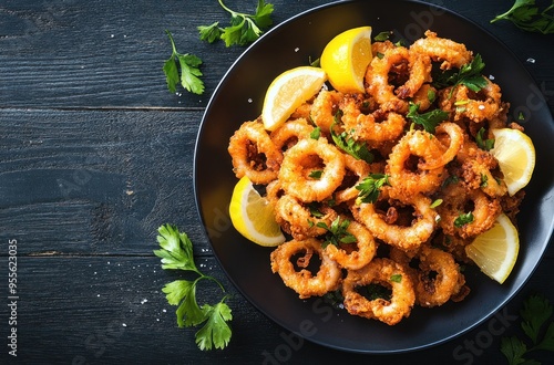 Crispy Fried Calamari Rings with Lemon and Parsley