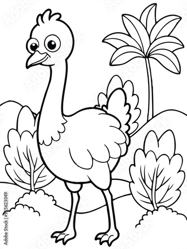 Cute Ostrich Cartoon Art Vector svg lineart coloring page photo