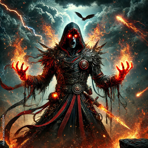 Angry man with burning hands with fantasy elements as a symbol of the sin of anger. AI Generated photo