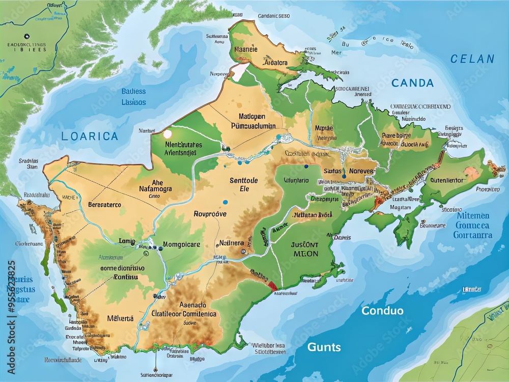 Fototapeta premium Detailed Map Of The Canadian Province Of Quebec Highlighting Major Cities, Towns, Bodies Of Water, And Geographical