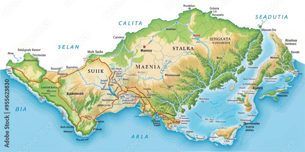 Obraz premium Detailed Map Of Singapore Country With National Borders, Major Cities, Geographic Features, And Surrounding Bodies Of