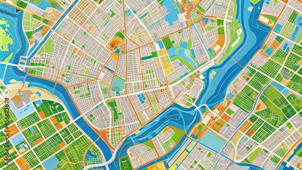 Obraz premium Detailed street map of Queens, New York City, showcasing neighborhoods, roads, parks, and waterways in vibrant colors