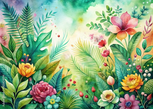 Dreamy, whimsical watercolor illustration of lush greenery, vibrant florals, and abstract shapes in soft, blended hues,