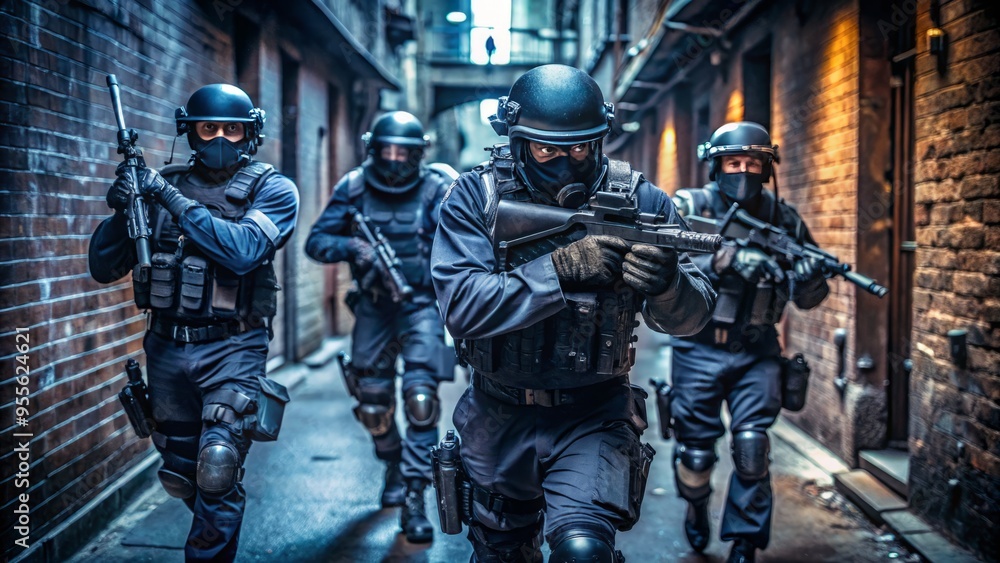 Elite tactical law enforcement unit, clad in black gear and helmets, moves cautiously through a dimly lit urban Elite tactical law enforcement unit, clad in black gear and helmets, moves cautiously through a dimly lit urban