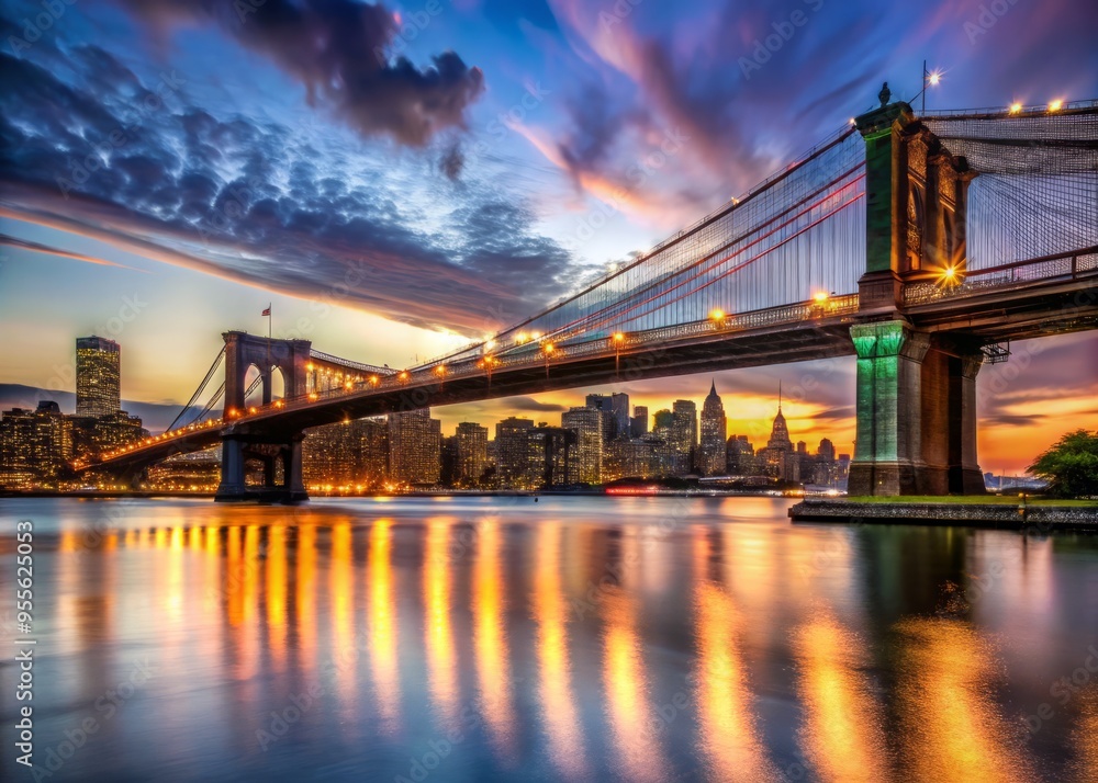 Fototapeta premium Expansive Image Of Brooklyn Bridge Structure Spanning Across Water Body At Twilight