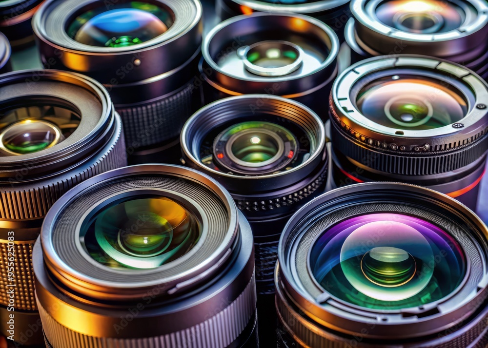 Extremely close-up shot of stacked camera lenses with macro extension tubes and filters attached, showcasing intricate Extremely close-up shot of stacked camera lenses with macro extension tubes and filters attached, showcasing intricate
