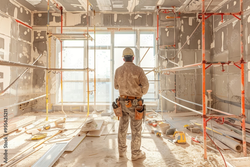 Construction worker inspecting a building site renovation project Construction worker inspecting a building site renovation project