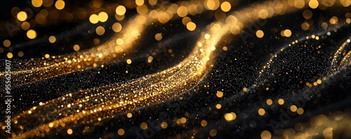 Chic gold shimmer trails with luminous rings set against black for festive times.