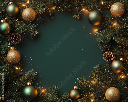 Christmas frame border in sage green and gold with soft glow.
