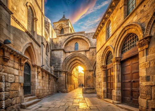 Historic stone gateway leads to scenic Church of the Holy Sepulchre in Jerusalem's Old City, symbolizing Christianity's