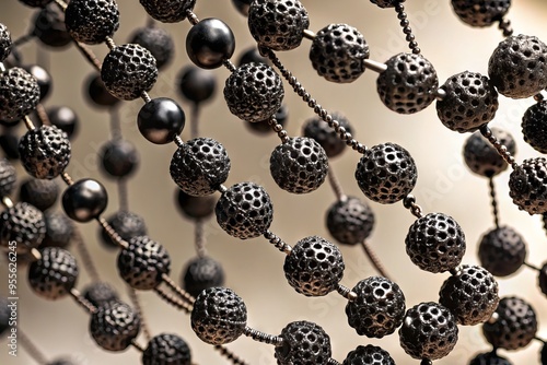 Intricate Black Beads Strung Together On A Thin Thread, Casting Intricate Patterns Against A Neutral Background. photo