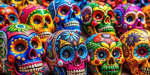 Intricate And Vibrant Sugar Skulls Showcase Traditional Mexican Designs And Patterns, Creating An Eye-Catching And