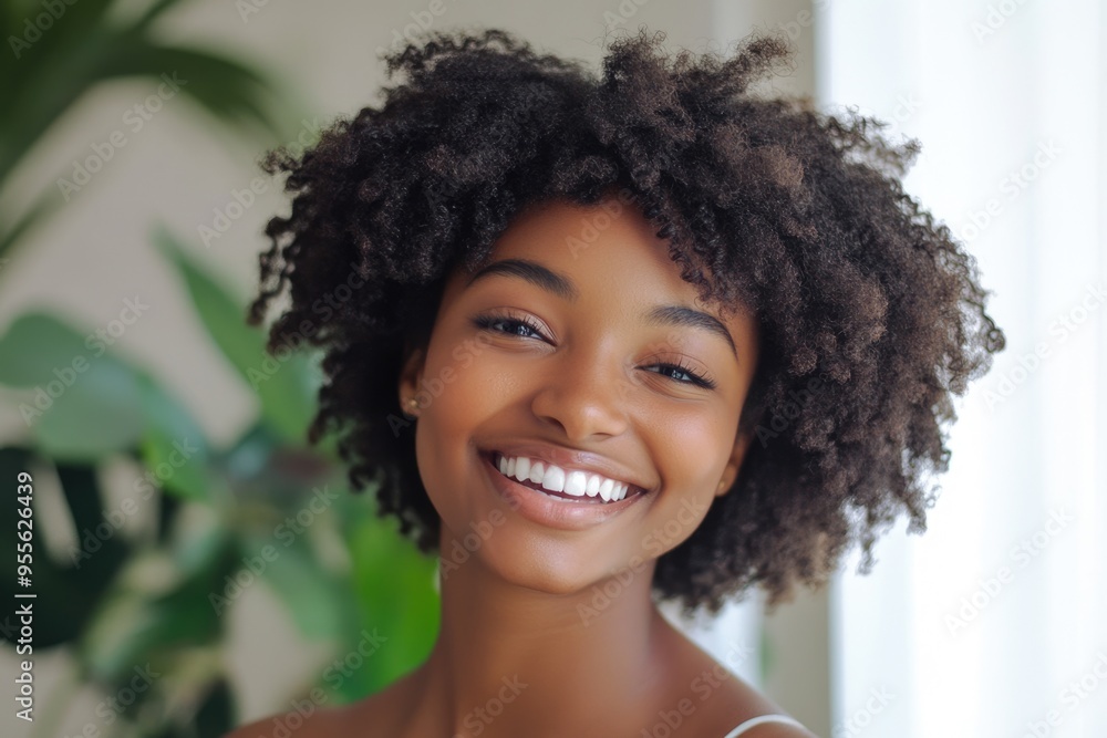 African-American Woman Hair. Portrait of young adult African American female laughing at home African-American Woman Hair. Portrait of young adult African American female laughing at home