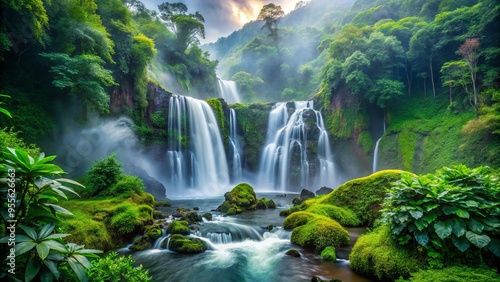 Majestic Waterfall Plunges Through Lush Greenery, Surrounded By Mist And Vibrant Foliage, Creating A Captivating