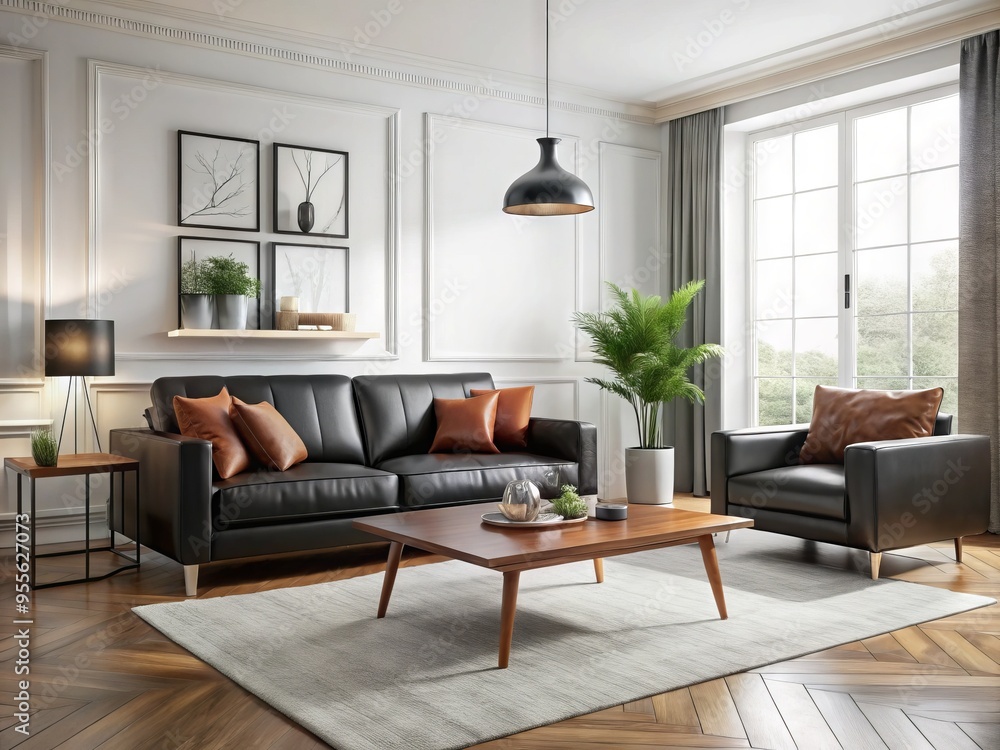 Modern living room with sleek black leather sofa, armchair, and coffee table set against crisp white walls, accented Modern living room with sleek black leather sofa, armchair, and coffee table set against crisp white walls, accented