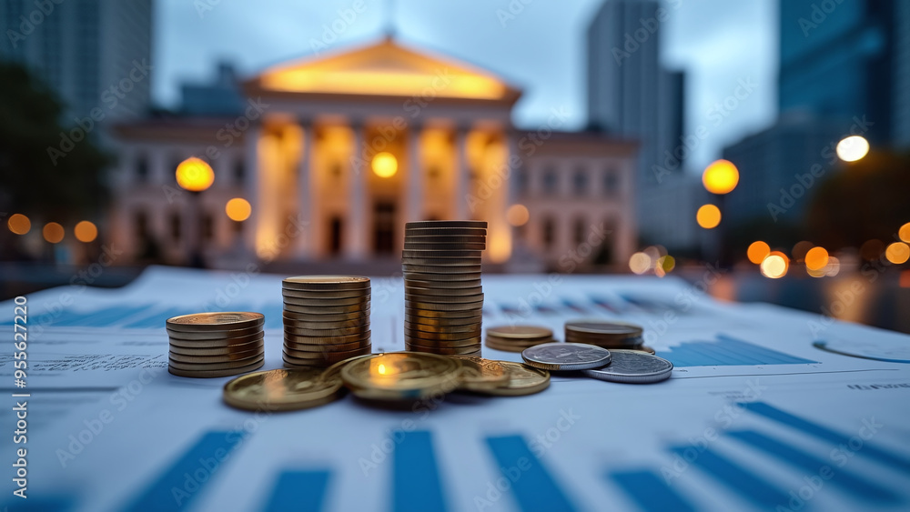 Stacks of Coins on Financial Documents with Government Building in Background