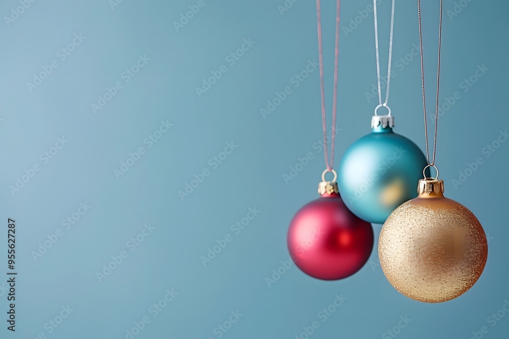 Festive Ornaments Hanging Against a Soft Blue Background Festive Ornaments Hanging Against a Soft Blue Background