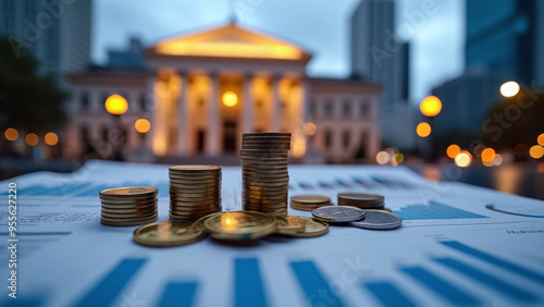 Obraz na płótnie Stacks of Coins on Financial Documents with Government Building in Background w salonie