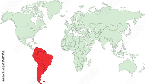 showing south America map by red color in world map