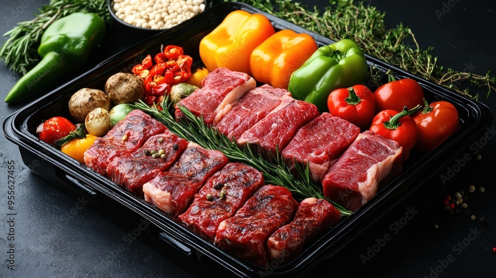 Meat and vegetables healthy food diet. Juicy steaks of fresh red meat. Barbecue set. Meat and vegetables healthy food diet. Juicy steaks of fresh red meat. Barbecue set.
