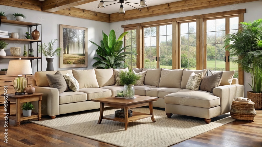 Fototapeta premium Neutral-toned sectional sofa and armchair with rolled arms, surrounded by warm wood accents, plants, and natural