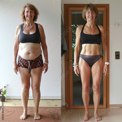 Before and after weight loss transformation of  mature woman. Fitness results, body transformation, and healthy lifestyle. For wellness programs, fitness promotions, or personal growth stories.