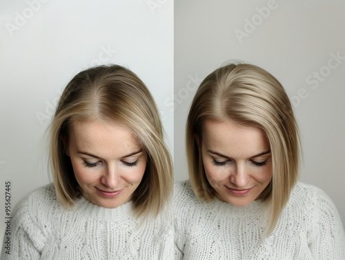 Before and after blonde female  hair transplantation show successful treatment. Significant hair density restoration and scalp rejuvenation post surgery. Hair loss treatment, collage.