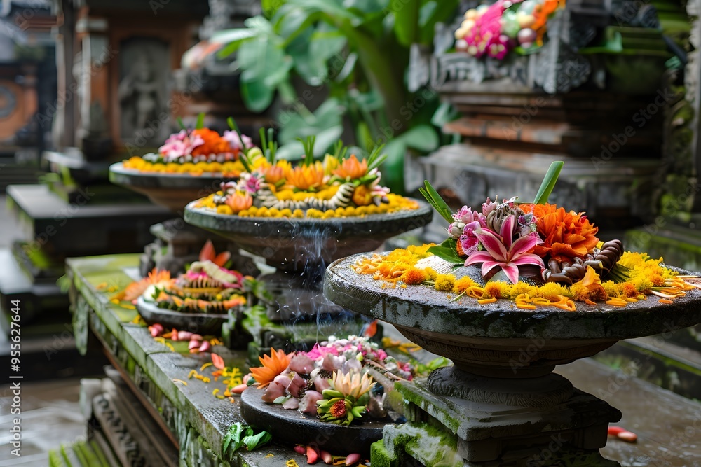 Vibrant Offerings in a Serene Balinese Temple Setting Vibrant Offerings in a Serene Balinese Temple Setting