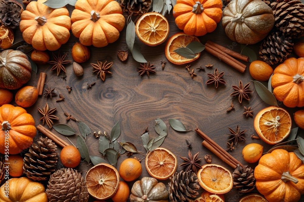 Autumn harvest display pumpkins, pine cones, dried leaves, and spices on rustic wood Autumn harvest display pumpkins, pine cones, dried leaves, and spices on rustic wood