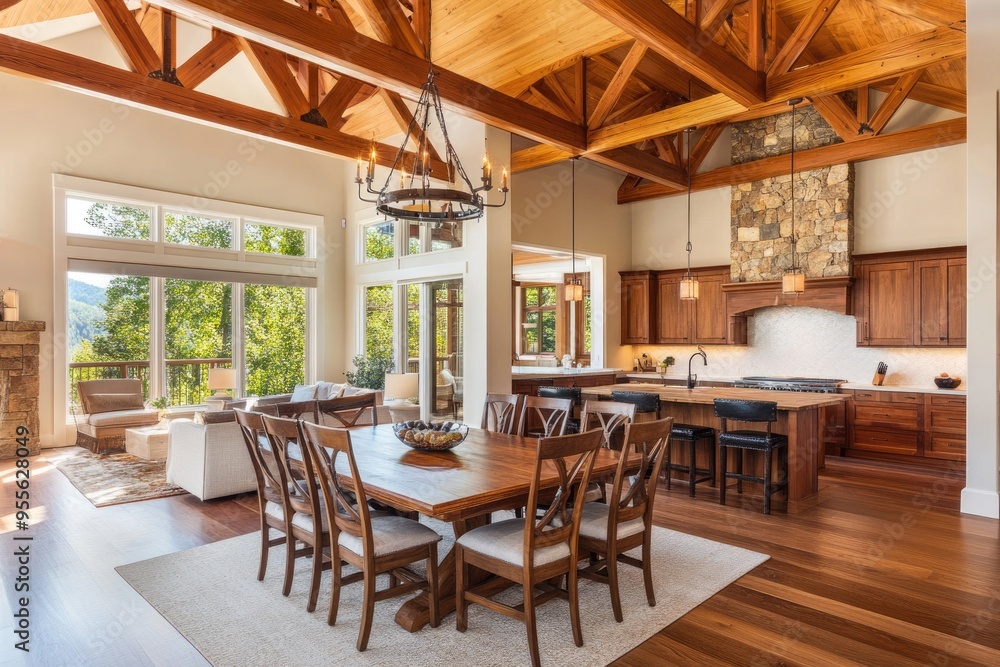 High End Dining. Kitchen and Dining Room in New Luxury Home with Wood Beam Ceiling High End Dining. Kitchen and Dining Room in New Luxury Home with Wood Beam Ceiling