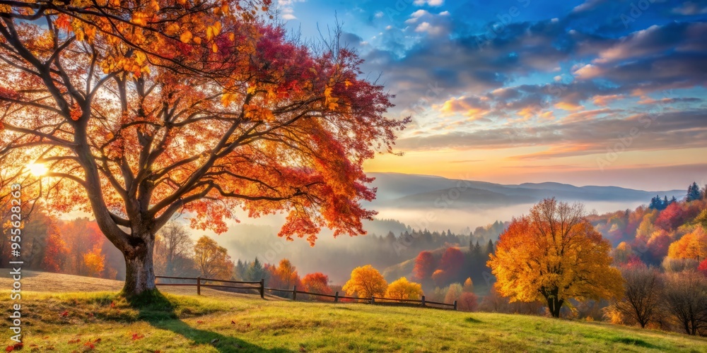Rustic Autumn Scene With Vibrant Foliage And Bare Tree Branches Against A Hazy Sky Rustic Autumn Scene With Vibrant Foliage And Bare Tree Branches Against A Hazy Sky