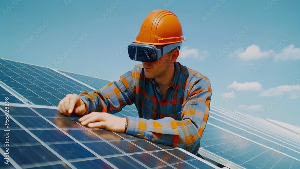custom made wallpaper toronto digitalEngineer with VR glasses inspecting solar panels. Concept for renewable energy, technology, and innovation