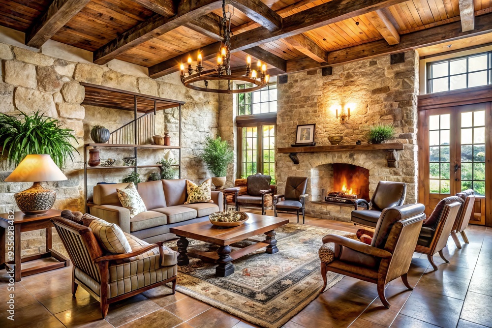 Fototapeta premium Rustic wooden chairs and vintage decorations adorn a cozy farmhouse living room with stone walls and wooden beams