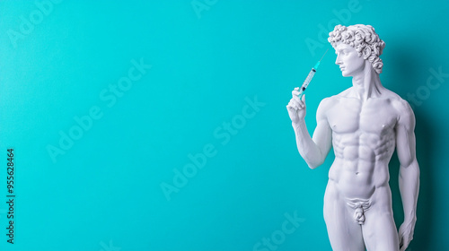 Statue with  syringe against blue background. Modern beauty injections, aesthetic treatments, healthcare and cosmetic procedures for men. Design for banner, wallpaper and poster with copy space. 