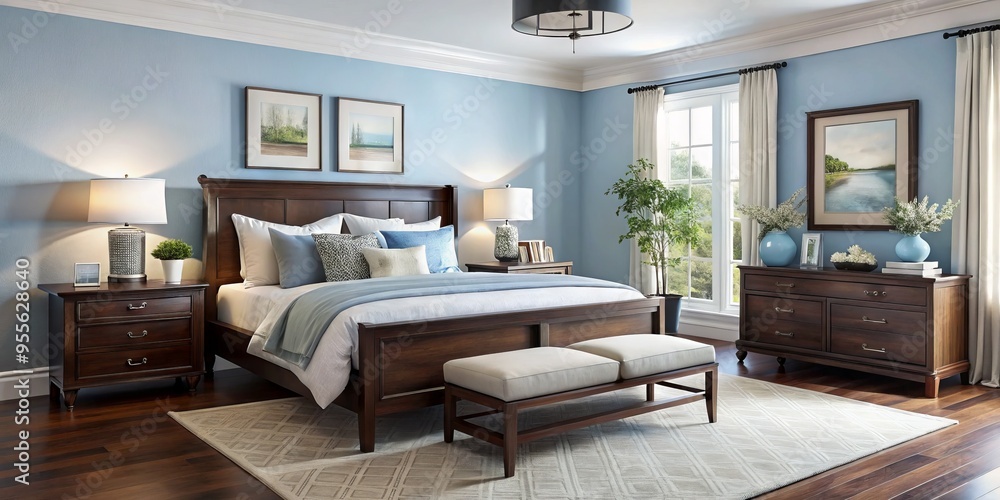 Serene blue and white bedroom oasis featuring espresso-stained wooden furniture, crisp linens, and calming accents, Serene blue and white bedroom oasis featuring espresso-stained wooden furniture, crisp linens, and calming accents,