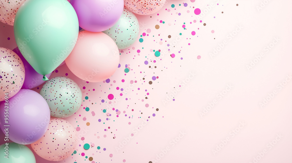 A vibrant collection of pastel balloons with confetti scattered on a soft, light background. Ideal for party and celebration themes A vibrant collection of pastel balloons with confetti scattered on a soft, light background. Ideal for party and celebration themes