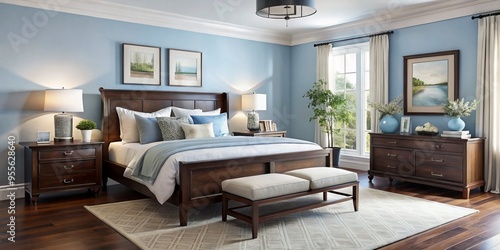 Serene blue and white bedroom oasis featuring espresso-stained wooden furniture, crisp linens, and calming accents,