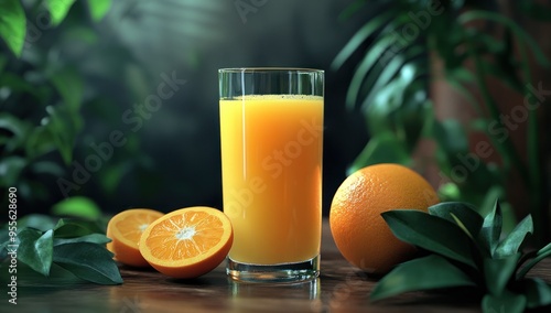 A glass of orange juice with fresh oranges on the side