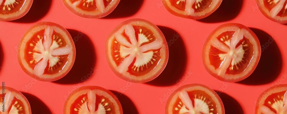 Symmetrical pattern of fresh sliced tomatoes on a vibrant red background showcasing organic produce and culinary inspiration Symmetrical pattern of fresh sliced tomatoes on a vibrant red background showcasing organic produce and culinary inspiration
