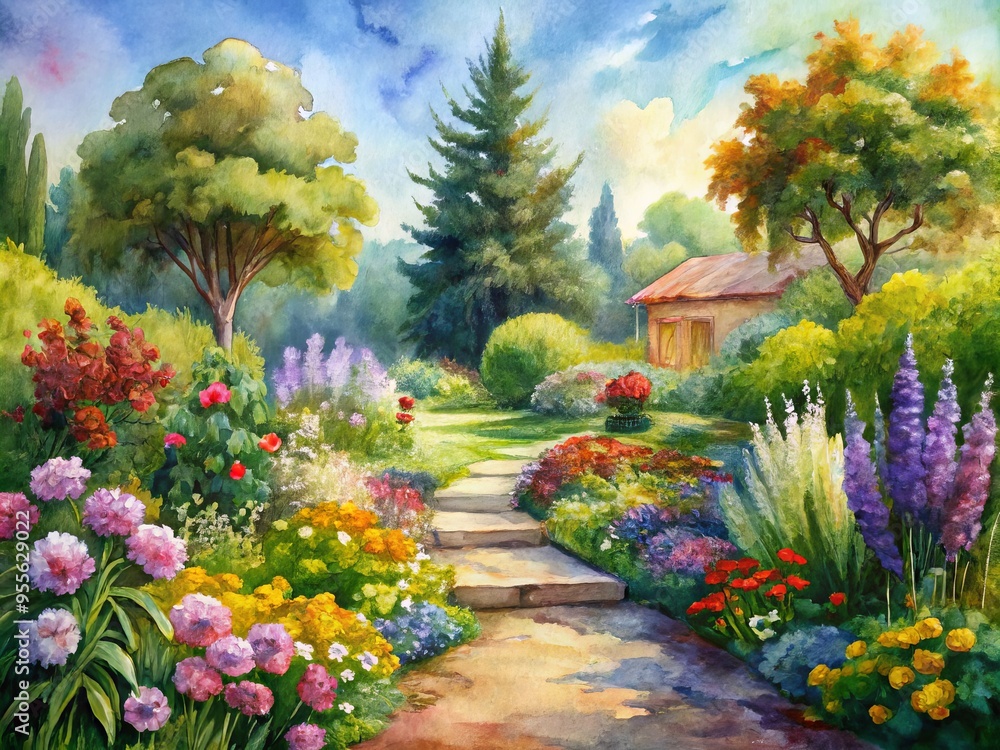 Serene Watercolor Painting Of A Lush Garden Blooming With Colorful Flowers And Delicate Greenery. Serene Watercolor Painting Of A Lush Garden Blooming With Colorful Flowers And Delicate Greenery.