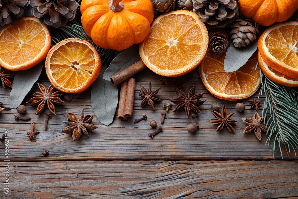 Autumn themed display on wooden surface featuring pumpkins, pine cones, and dried leaves Autumn themed display on wooden surface featuring pumpkins, pine cones, and dried leaves