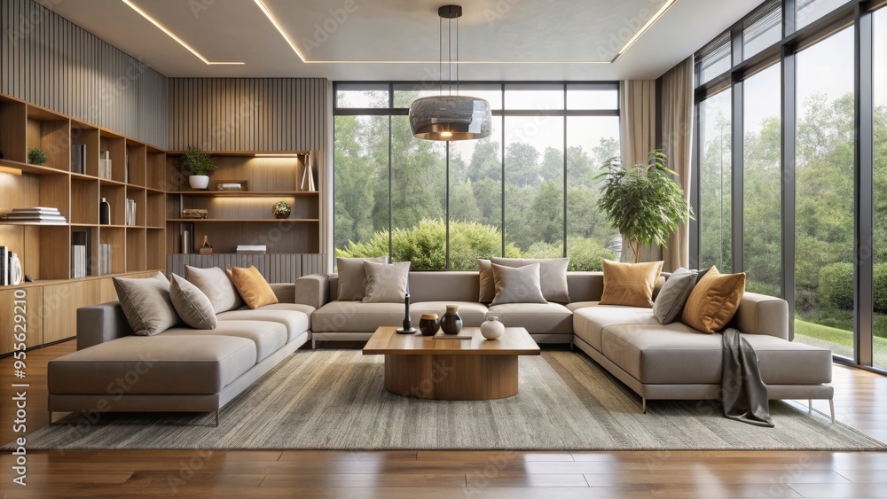 Fototapeta premium Sleek, modern living room with modular furniture pieces in neutral tones, seamlessly integrated to create a functional,