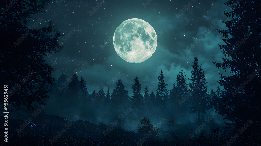 Full moon in a clear night sky over the forest Full moon in a clear night sky over the forest