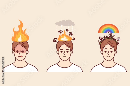 Angry man feels relieved and cleared of psychological negativity, standing with flame or rainbow above head. Guy in process psychological recovery thanks to psychotherapy or meditation practices
