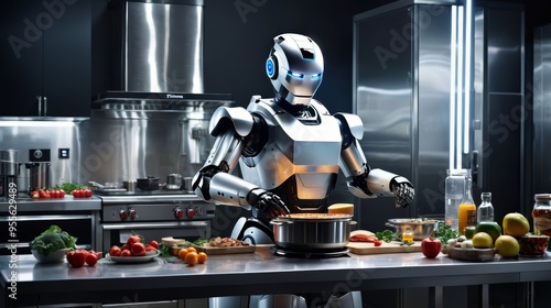 Robot Standing in a Kitchen Preparing Food